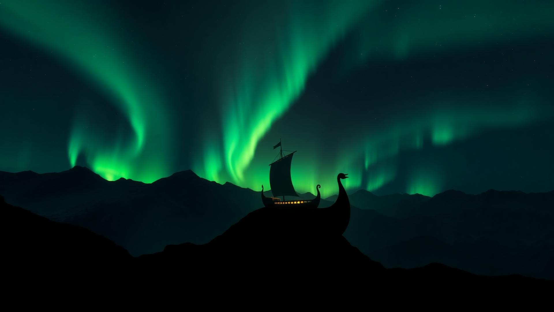 Aurora boreal sobre fjord nórdico com barco viking